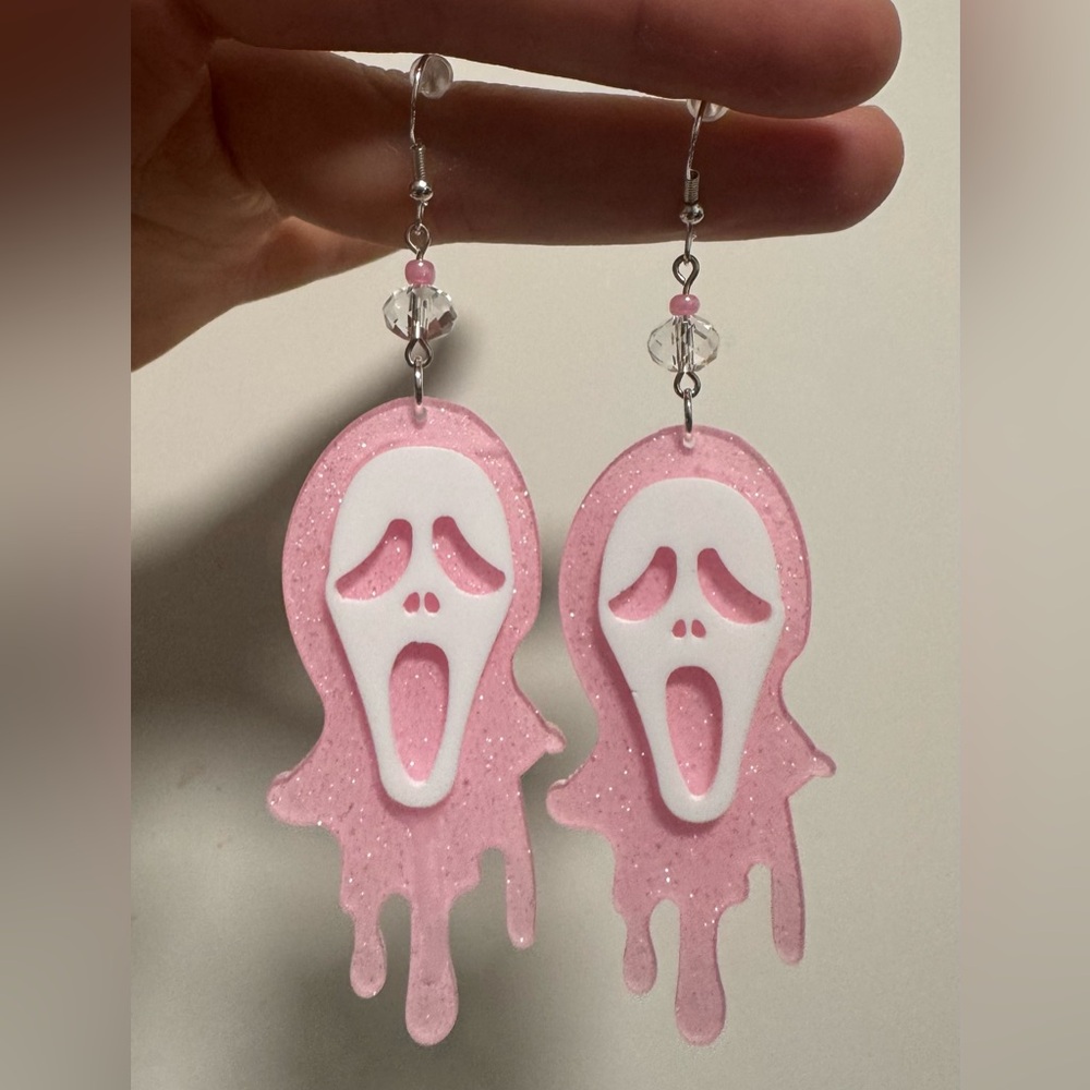 Pink Sparkly Ghost Face Earrings